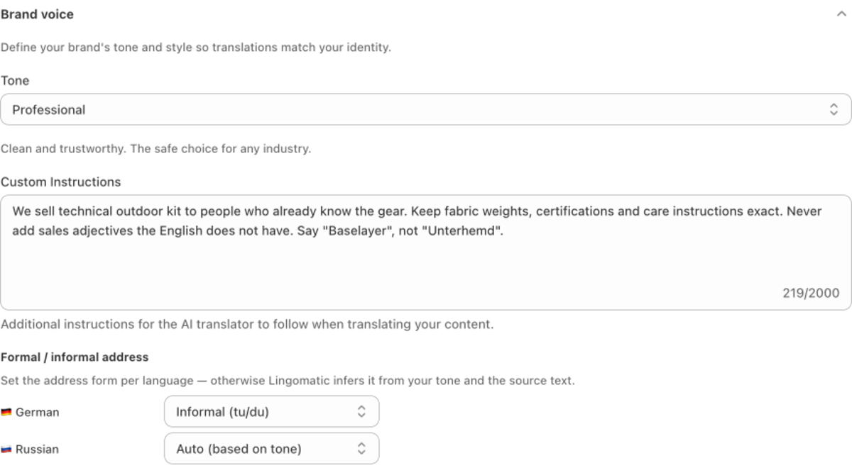 Lingomatic brand voice panel with tone set to Professional, custom instructions for the brand, and German address set to Informal