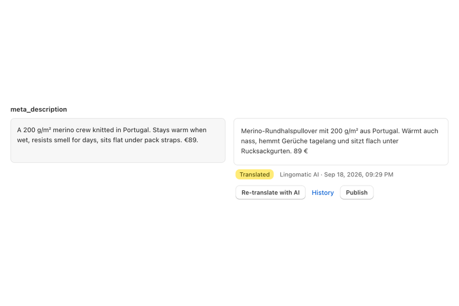Lingomatic editor showing an English meta description next to its German translation
