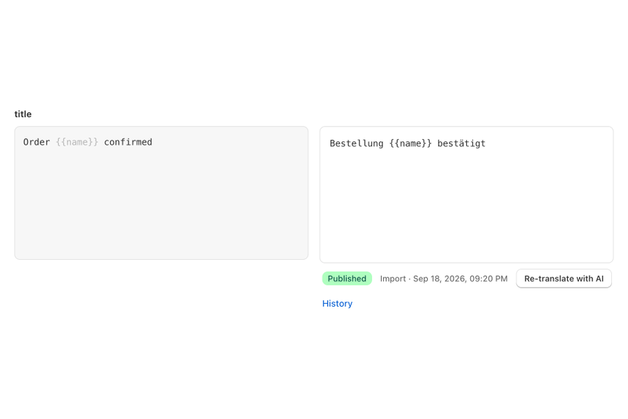Lingomatic editor showing an order confirmation email subject translated from English to German