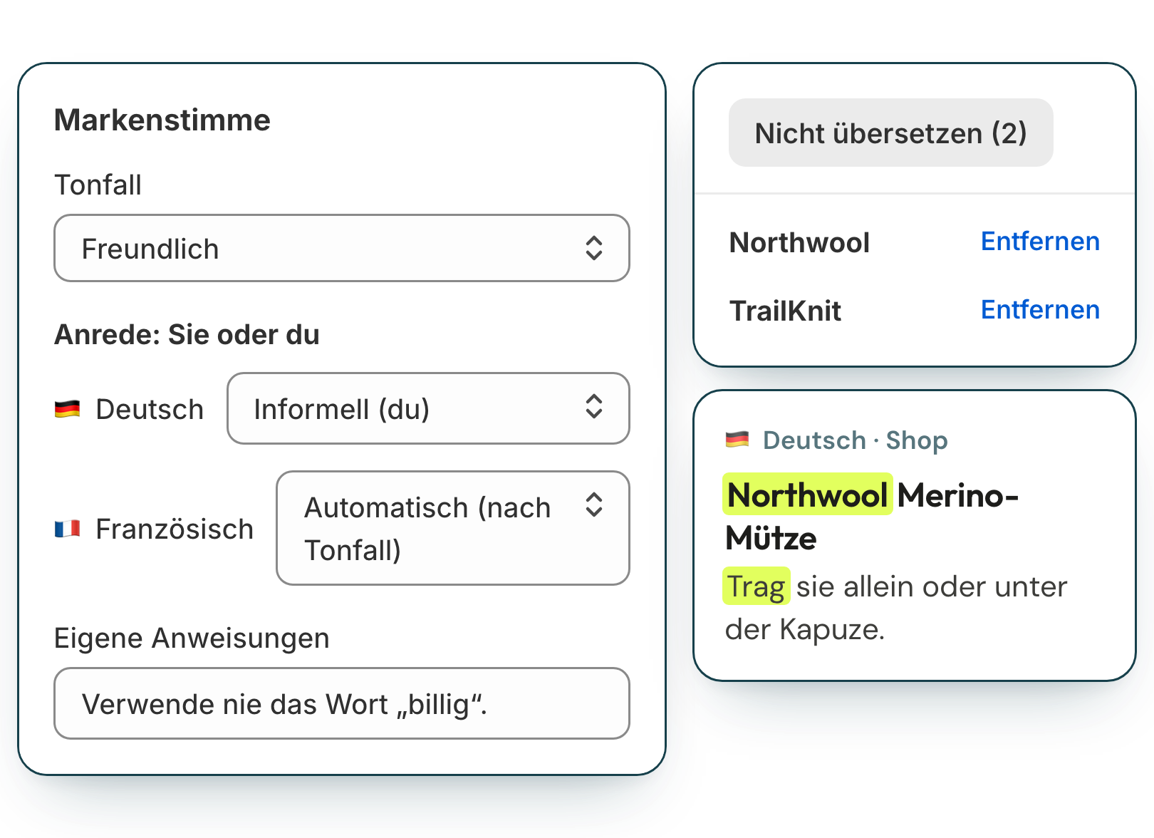 Markenstimme mit Tonfall, Sie oder du pro Sprache, einer Nicht-übersetzen-Liste, eigenen Anweisungen und dem übersetzten Produkttext