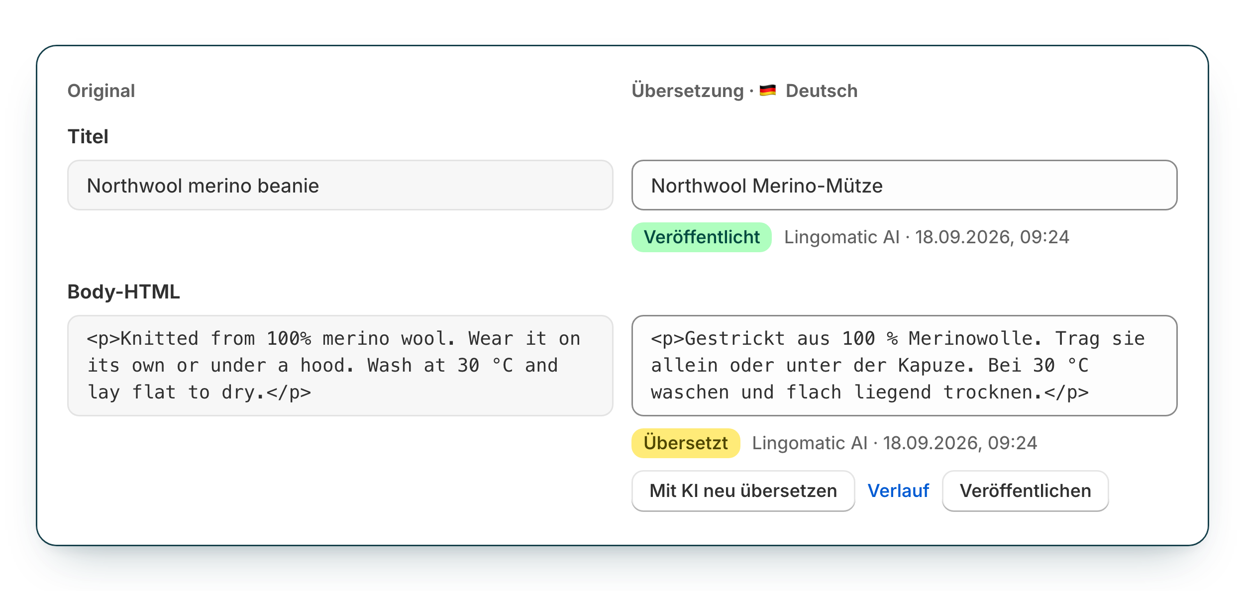 Side-by-Side-Editor mit englischem und deutschem Produkttitel und Produktbeschreibung