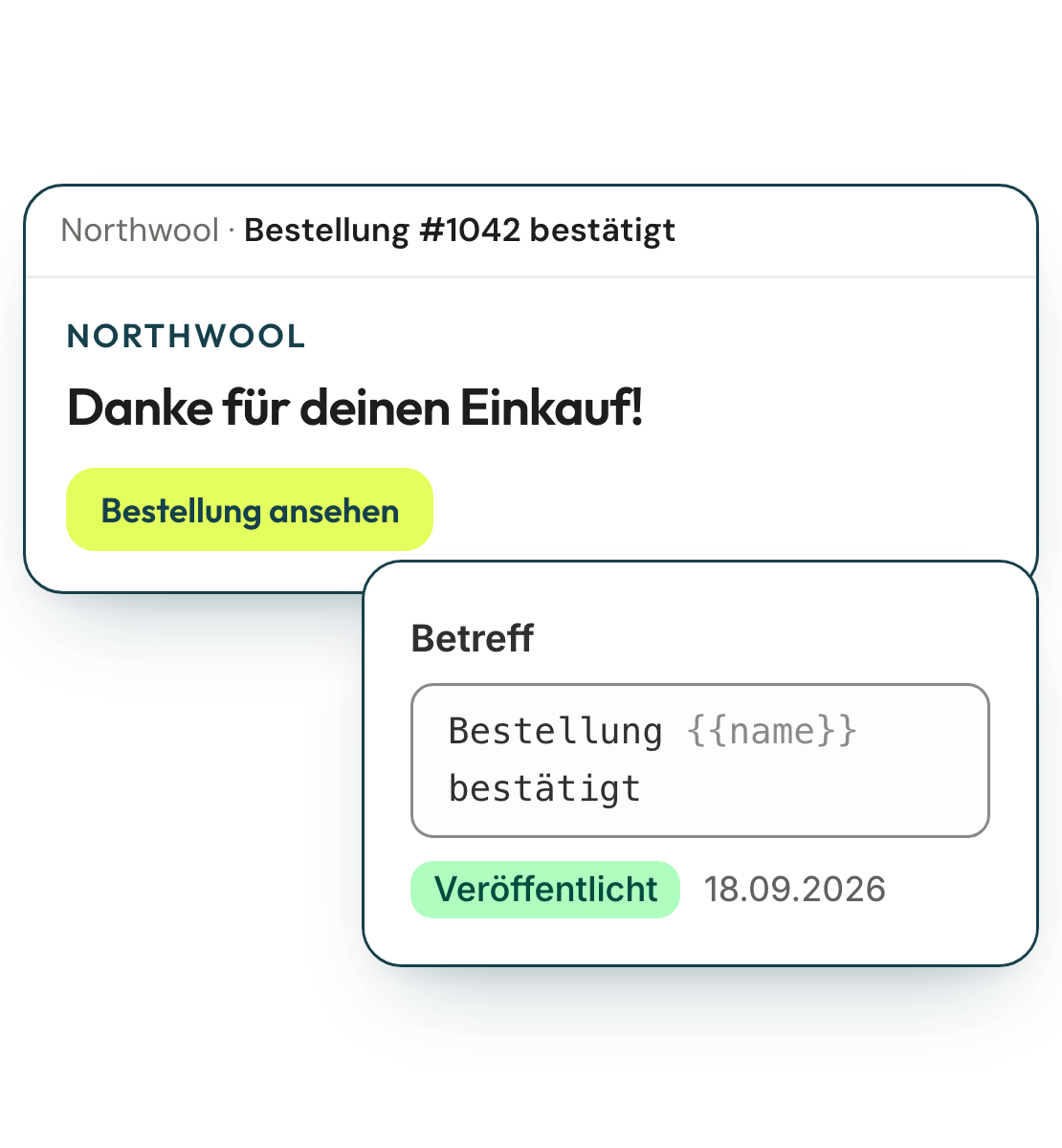 Deutsche Bestellbestätigung und ihr übersetzter Betreff im Editor