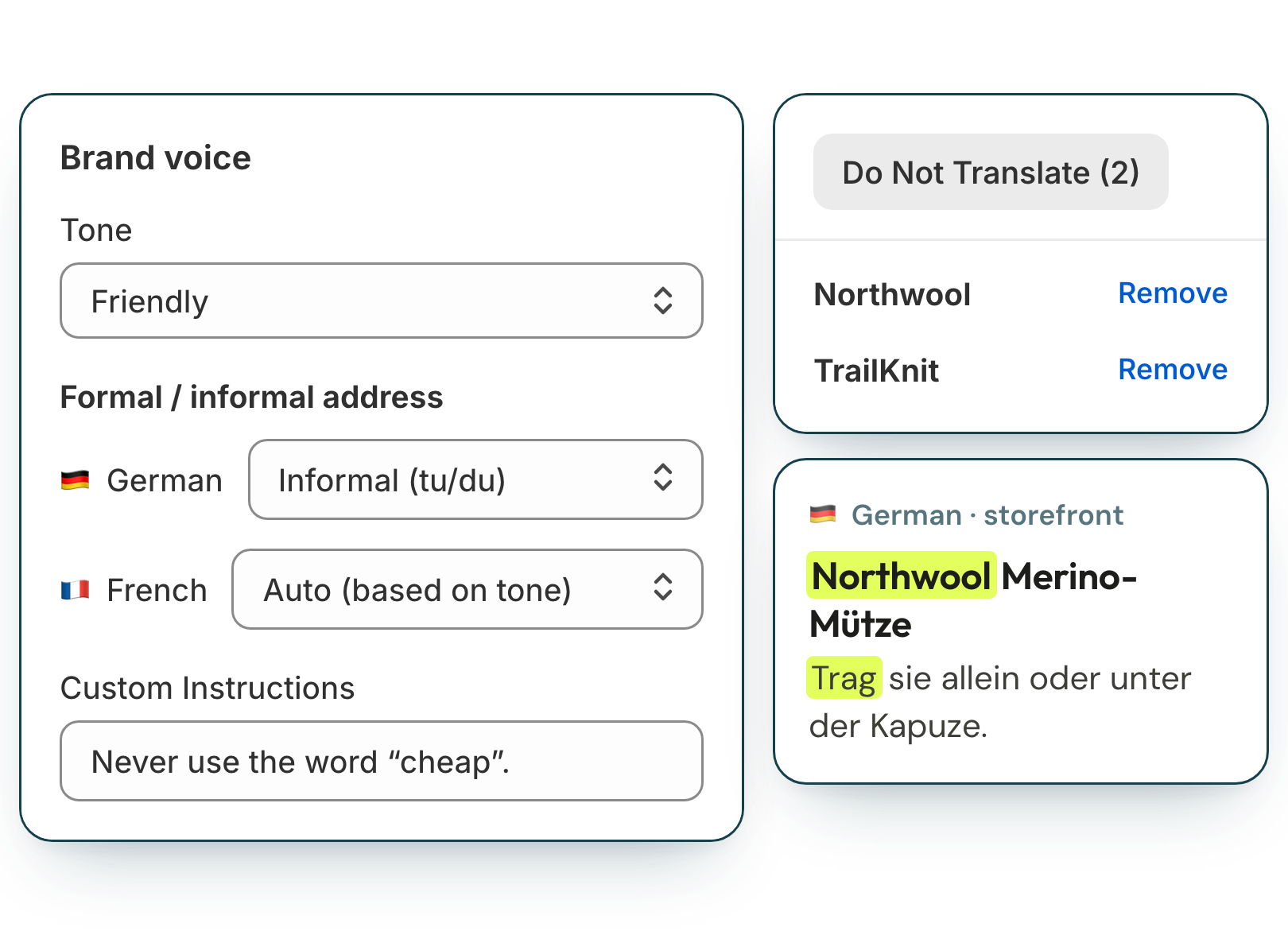 Brand voice settings with tone, formal or informal address per language, a do-not-translate list, custom instructions and the translated product text