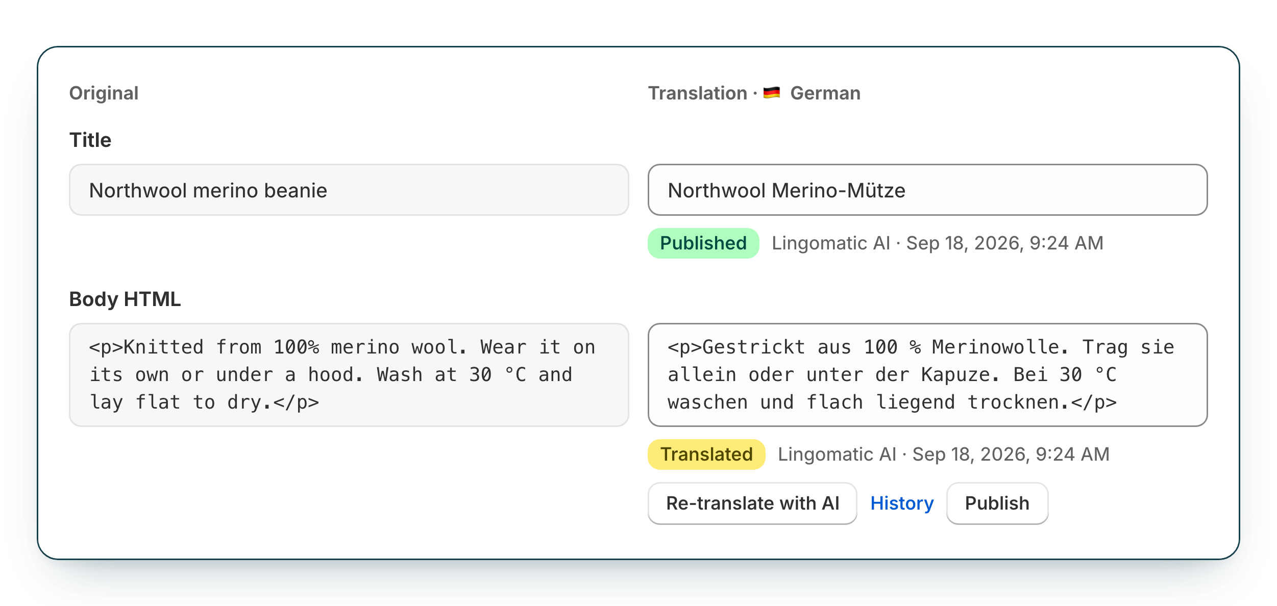 Side-by-side editor with the product title and description in English and German