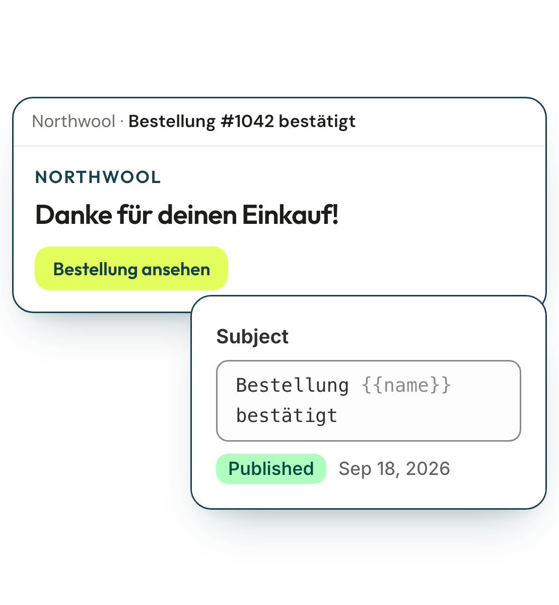 German order confirmation email and its translated subject line in the editor