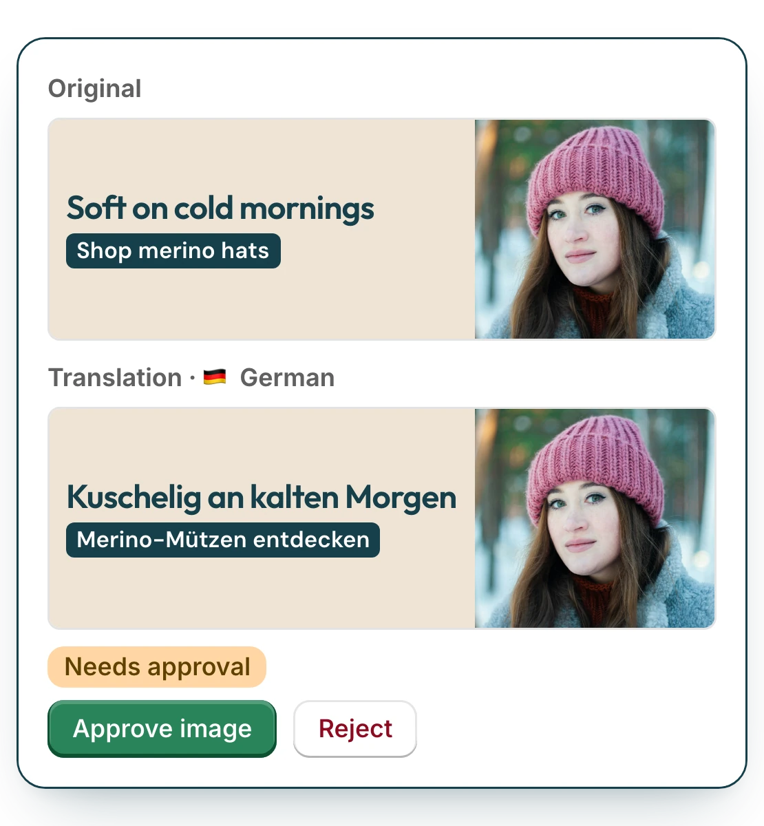 A promo banner with English text and the same banner redrawn in German, waiting for approval