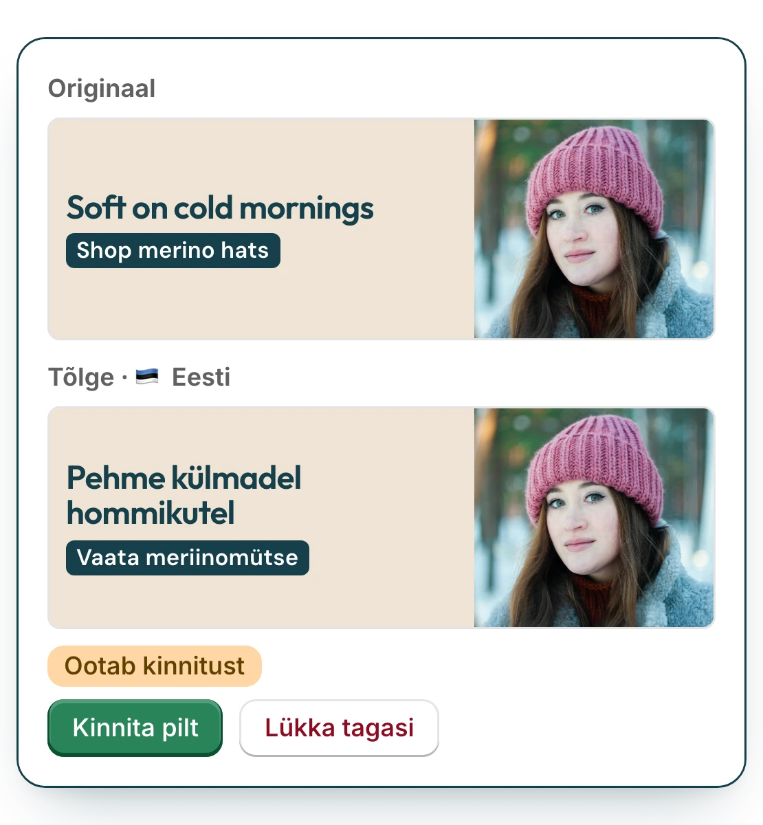 Kampaaniabänner inglise keeles ja sama bänner eesti keeles, mis ootab kinnitust