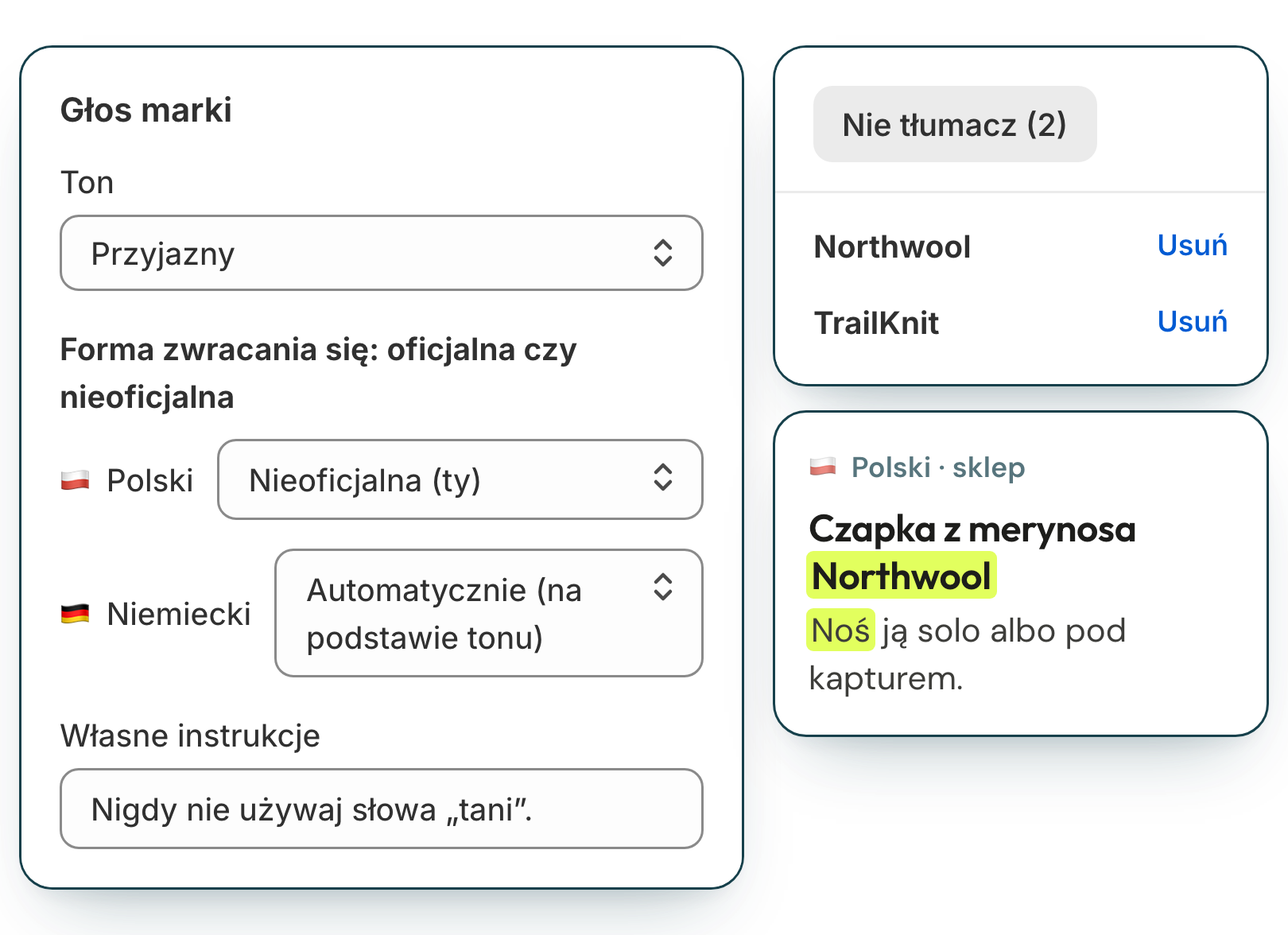 Głos marki z tonem, formą ty lub Pan/Pani dla każdego języka, listą słów bez tłumaczenia, własnymi instrukcjami i przetłumaczonym opisem produktu