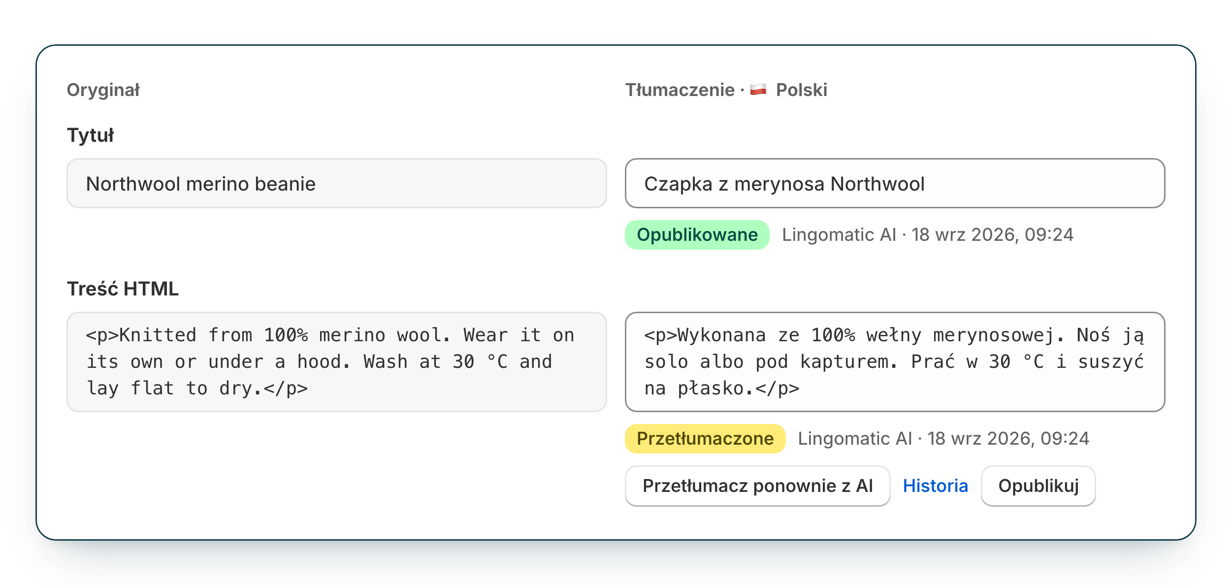 Edytor obok siebie z oryginalnym i polskim tytułem oraz opisem produktu