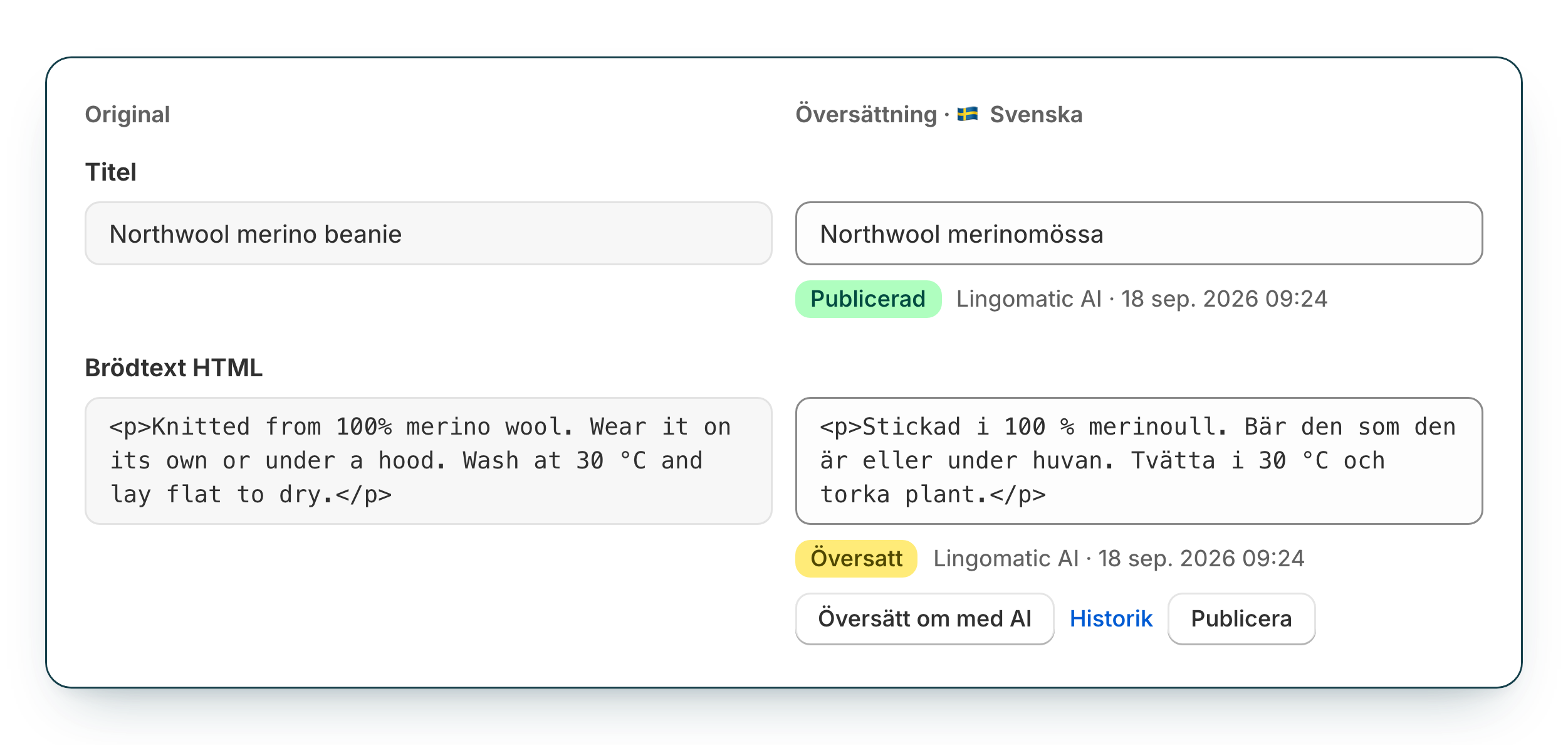 Editor sida vid sida med produktens titel och beskrivning i original och på svenska